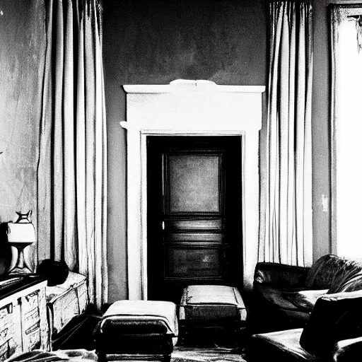 Prompt: ! dream old poor living room black and white photo