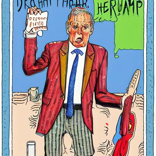 Image similar to !dream The Artwork of R. Crumb and his Cheap Suit Donald Trump and Jared Kushner, pencil and colored marker artwork, trailer-trash lifestyle