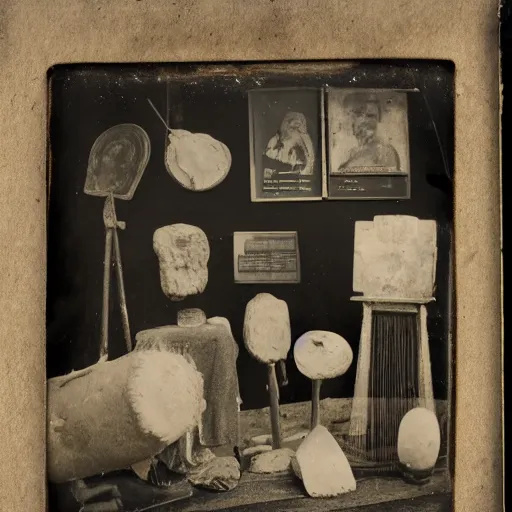 Image similar to Tintype photograph of primitive objects displayed in an ethnographic museum, archive material, anthropology,in the style of Marcel Duchamp, found objects, ready-made, 1920s studio lighting.