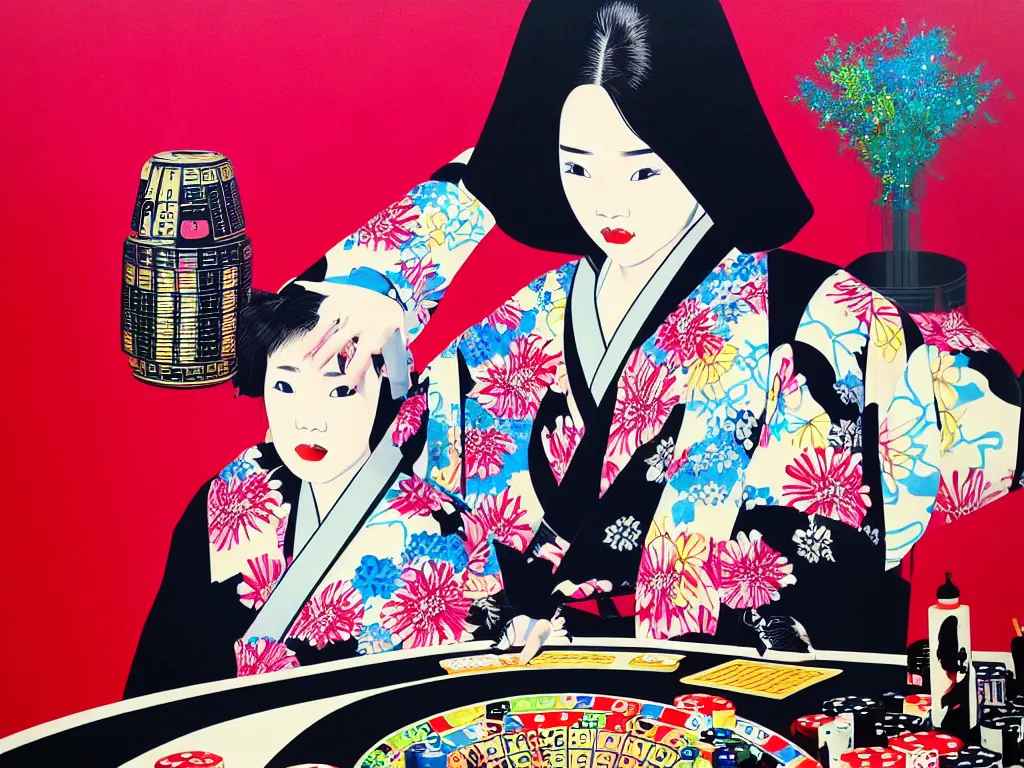 Image similar to hyperrealistic composition of the detailed woman in a japanese kimono sitting at a poker table with detailed darth vader, fireworks, beautiful mountain in the background, pop - art style, jacky tsai style, andy warhol style, acrylic on canvas