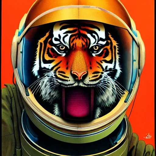 Prompt: Portrait of a Tiger astronaut wearing helmet in the style of James Gilleard, Zdzislaw Beksinski, Mark Ryden, Wolfgang Lettl highly detailed, hints of Yayoi Kasuma