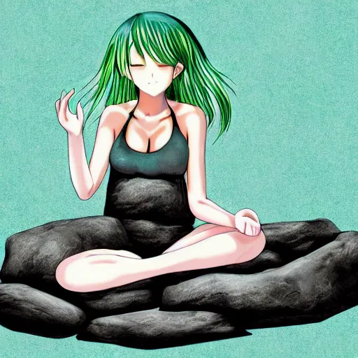 Image similar to anime girl with green hair, meditating on a rock, digital art,