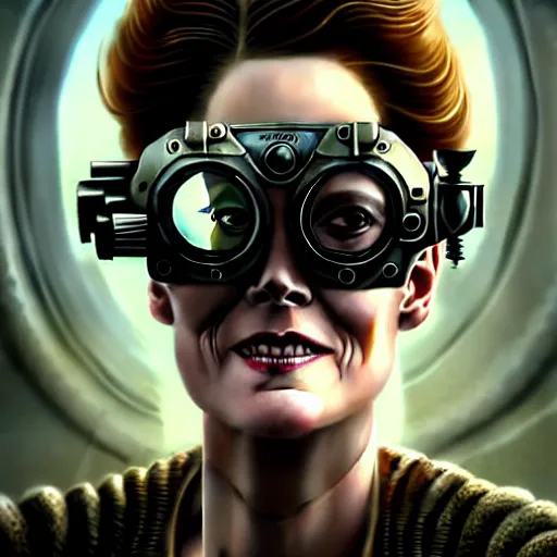 Prompt: closeup portrait shot of sigourney weaver wearing steampunk goggles in a scenic dystopian environment, intricate, elegant, highly detailed, centered, digital painting, artstation, concept art, smooth, sharp focus, illustration, artgerm, tomasz alen kopera, peter mohrbacher, donato giancola, joseph christian leyendecker, wlop, boris vallejo