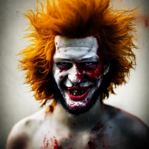 Image similar to film still photo portrait of a crazed homeless beaten up ronald mcdonald, realistic, hyperrealistic, 8 k resolution, hd quality, very detailed, highly detailed, intricate details, real life, real world, trending on artstation, digital art, really realistic, very realistic, headshot, head in frame, photograph, portrait
