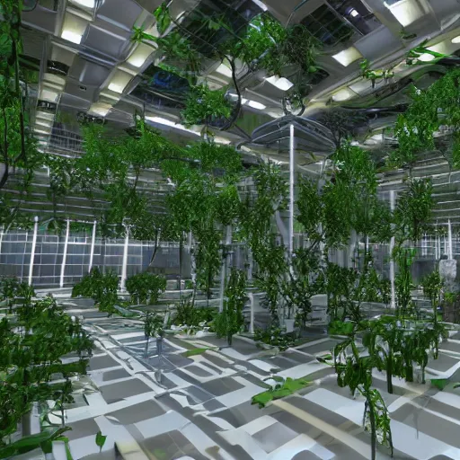 Prompt: Robo-modules of the GLaDOS super computer in the center of a huge hall overgrown with vines and plants of the complex, old computers, a suspension of dust in the air, rays of light through the ceiling, realism, art,