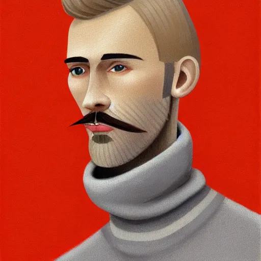 Image similar to gangly man with short blond brown wavy hair, blond brown stubble beard, no mustache, English heritage, grey eyes, middle aged, wearing a turtleneck and jacket, pale skin, narrow face, digital art, painterly, cartoon, cute, 8k, illustration, art by loish, painterly, trending on artstation, medium shot, uncropped