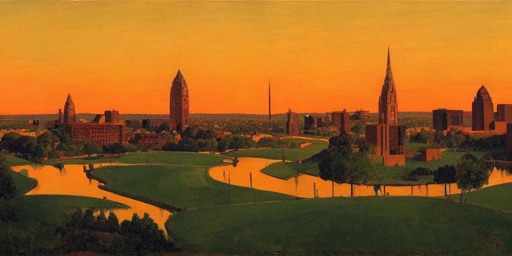 Image similar to a beautiful painting of Columbus Ohio by Rockwell Kent, golden hour, 8k, 4k