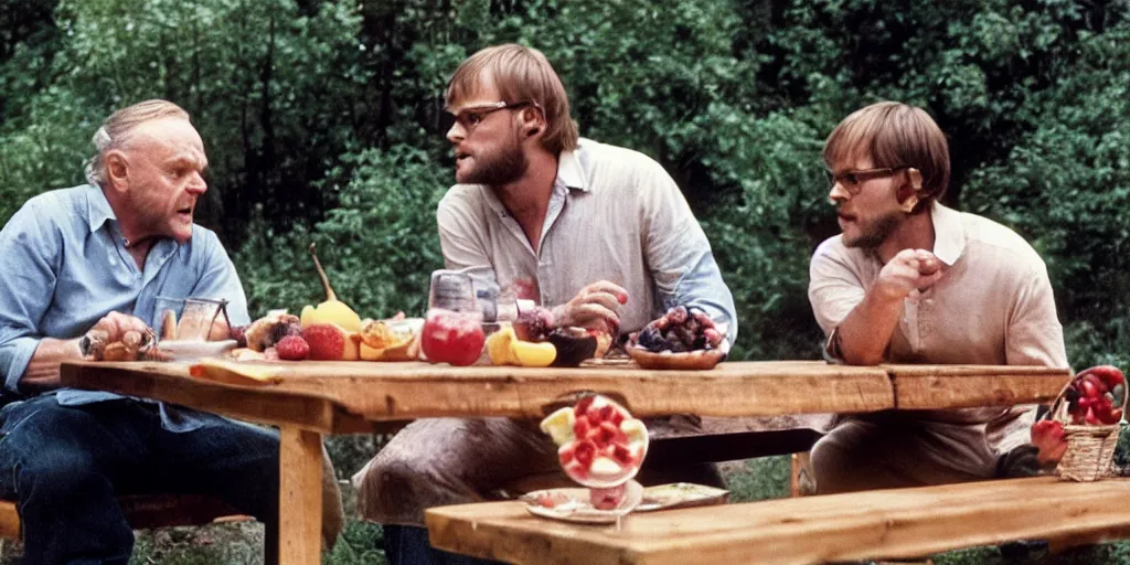 Image similar to photo of anthony hopkins and jeffrey dahmer sitting at a picnic table eating delicious fruit, hd