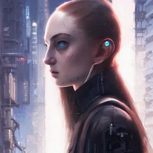 Image similar to sophie turner, streetwear techwear cyberpunk style outfit, partial mask, detailed portrait, intricate complexity, by greg rutkowski, cushart krentz, artgerm, ross tran, conrad roset, takato yomamoto, ilya kuvshinov. 4 k, beautiful, cinematic dramatic atmosphere, portrait lighting