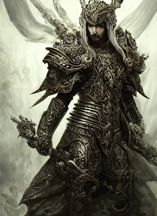 Image similar to high intricate male warrior with white baroque armor and black garment, demon lord, ancient forest, maria panfilova, andrea savchenko, mike kime, ludovic plouffe, qi sheng luo, oliver cook, trending on artstation