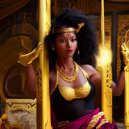 Image similar to aesthetic!!!!!! Female genie in Arabic clothing, black skin, long black hair, gold tint, frontal pose, cinematic lighting, silk, fabric, full-length view, film still by Dennis Villeneuve, 8K, wide lens.