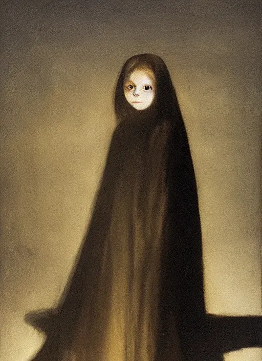 Image similar to shadows in the dark lurking on a lost little girl wearing a gold cloak, backlight, creepy, extremely realistic and highly detailed painting by francisco goya, soft light, gold ratio