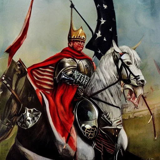 Prompt: trump as a knight, in war, bloody, crusader times, epic painting, photo realistic
