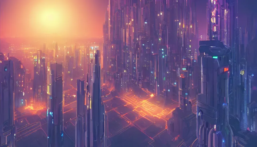 Prompt: a futuristic city at night with skyscrapers lit up, a matte painting by james gilleard, featured on pixiv, art deco, cityscape, nightscape, greeble