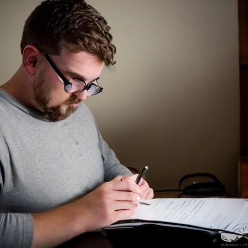Prompt: Ethan Smith writing his next guide, (EOS 5DS R, ISO100, professional, 84mm, RAW, postprocessed, facial features)
