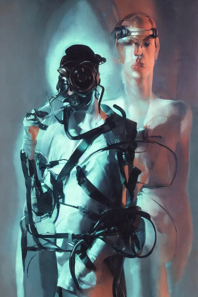 Image similar to androgynous person, shaman tunic made of latex, radio goggles, techwear, iridiscent light, high key, cinematic lighting at night, neon, phil hale, boris vallejo, syd mead