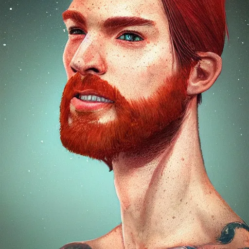 Image similar to portrait of a thin young man with long red hair, ponytail, a lot of freckles on his face, intricate, elegant, glowing lights, highly detailed, digital painting, artstation, concept art, smooth, sharp focus, illustration