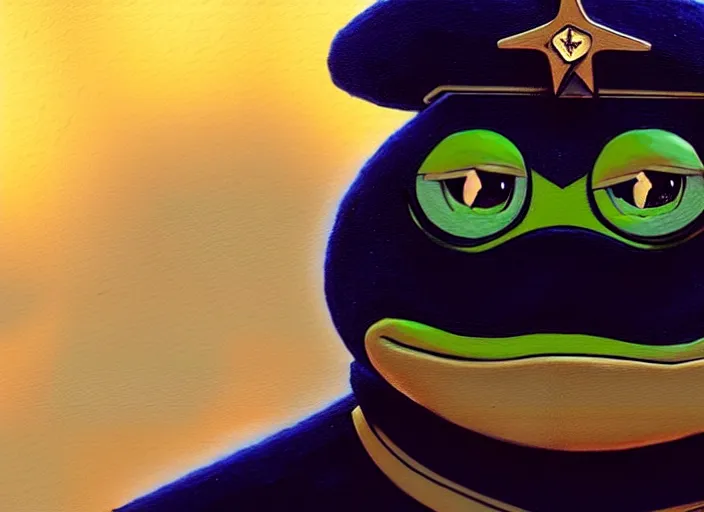 Image similar to a disney film still of pepe the frog as a star trek officer, finely detailed features, closeup of the face, perfect art, dusk, blue hour, gapmoe yandere grimdark, trending on pixiv fanbox, painted by greg rutkowski, makoto shinkai, takashi takeuchi, alphonse mucha, akihiko yoshida