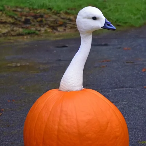 Prompt: a goose shaped like a pumpkin