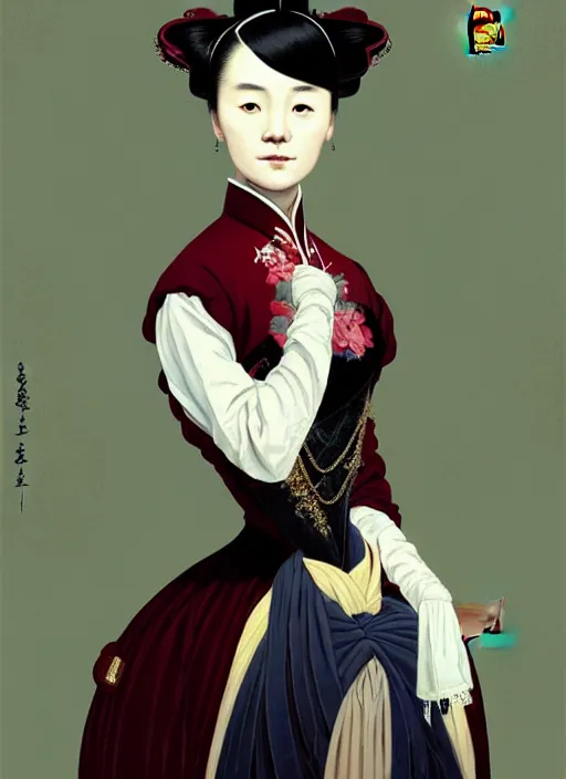 Image similar to a portrait of a young chinese woman in victorian clothing, confident pose, intricate, elegant, sharp focus, illustration, highly detailed, concept art, matte, trending on artstation, anime, art by james jean and artgerm and brian despain and alberto mielgo, greg rutkowski, wlop, ilya kuvshinov, strong strokes