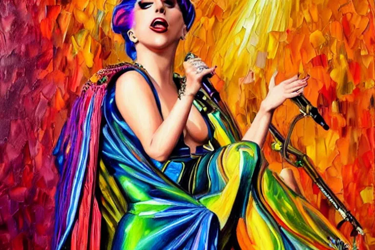 Image similar to highly detailed oil painting of lady gaga singing, colorful dress, very realistic, art nouveau, dramatic light,