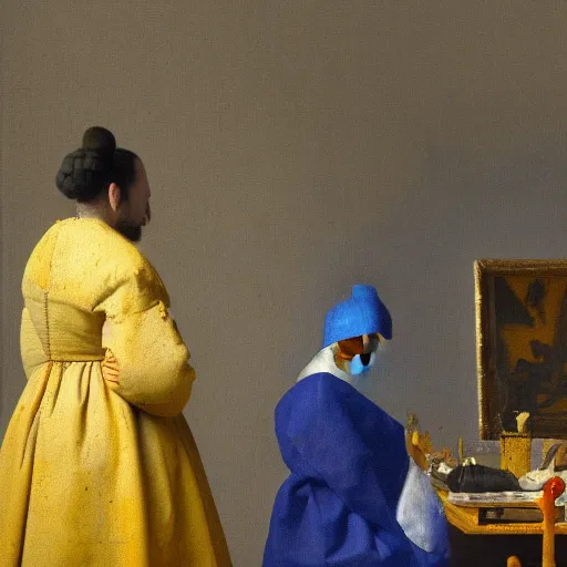 Image similar to An AI reimagining of The Art of Painting (1666) by Johannes Vermeer