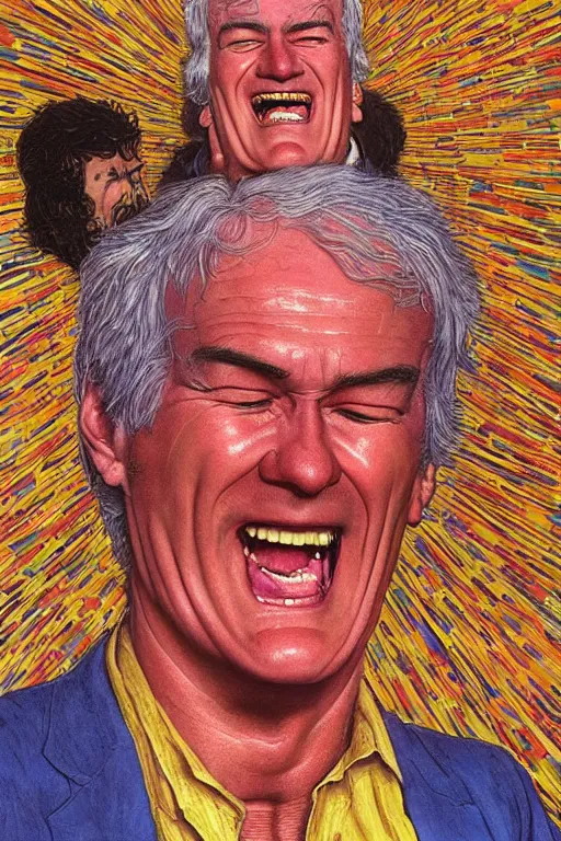 Image similar to an awesome jean giraud portrait of timothy leary laughing hysterically in the style of a renaissance masters portrait, mystical and new age symbolism