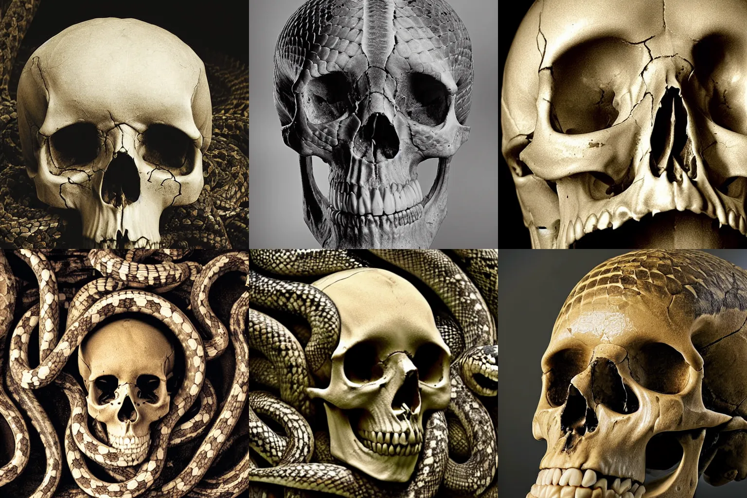 Prompt: human skull done of snakes , Photograph