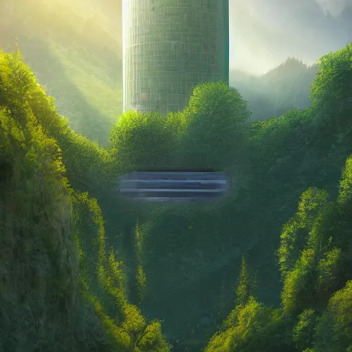 Image similar to vertical farms and white sci - fi nuclear microreactor in a steep sided valley with trees, a sense of hope and optimism, hyper realistic, high res, 4 k, warm light, edouard groult, bynde, kirill leonov