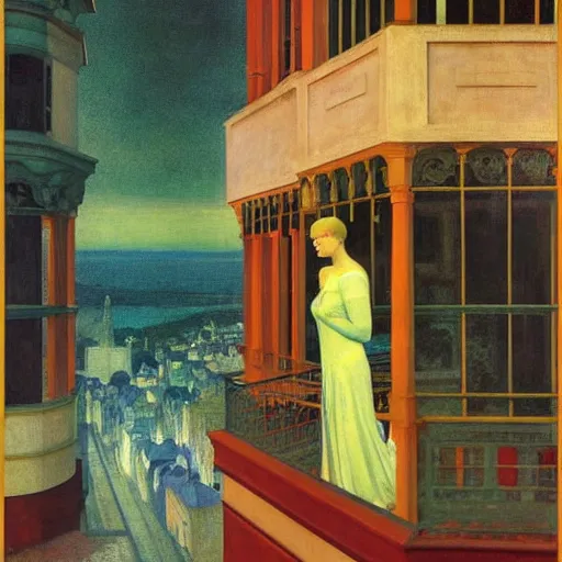 Prompt: a woman in a medieval city, hyperrealistic film still by edward hopper, by gottfried helnwein, by klimt, by paolo uccello, art nouveau, highly detailed, strong lights, liminal, eerie, symbolist, bright pastel colors