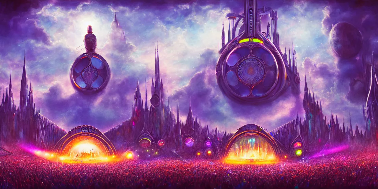 Prompt: tomorrowland, hyper - realistic illustration of a knight, in a sci - fi music festival, digital painting, sharp focus