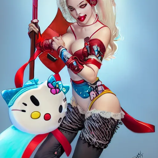 Prompt: Harley Queen as a Hello Kitty, by Stanley Artgerm Lau, WLOP, Rossdraws, James Jean, Andrei Riabovitchev, Marc Simonetti, Yoshitaka Amano, ArtStation, CGSociety,