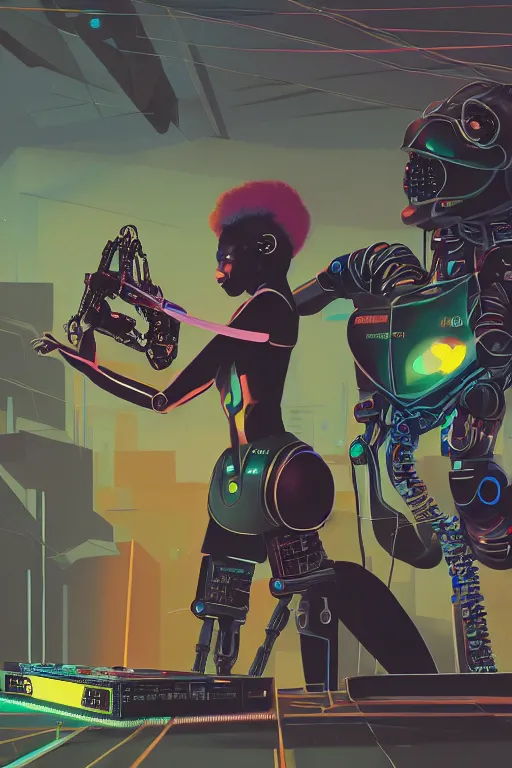 Prompt: a black girl fixing a robot, in the nature, mixing solarpunk, afropunk and cyberpunk technology and aesthetic ( ( ( ( volumetric light ) ) ) ), high angle, part by pearl fryar, part by prince damah, sunny day, trending on artstation, high detailed, cinematic view, illustration, painting.