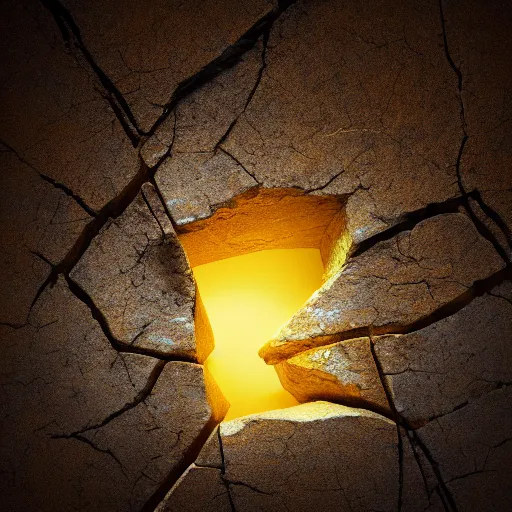 Image similar to photograph of a cracked stone with warm yellow light streaming out of the crack, fantasy, magical, mysterious, cinematic lighting, enhanced, rim lighting, studio photo, hd, 8k