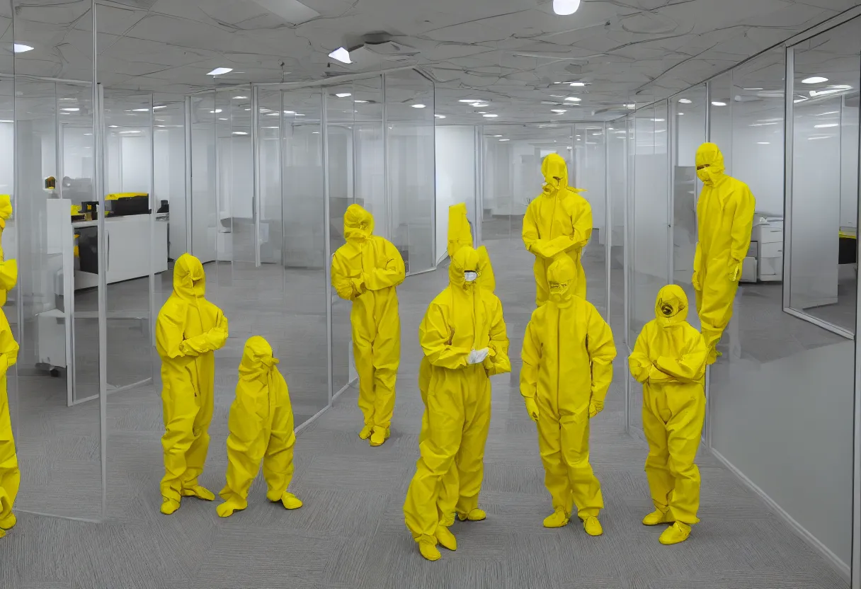 Prompt: 3 people in yellow hazmat suits in an endless maze of randomly generated office rooms and other environments. It is characterized by the smell of moist carpet, walls with a monochromatic tone of yellow, and buzzing fluorescent lights. 4k, hd, photorealistic