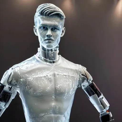 Image similar to a realistic detailed photo of a guy who is an attractive humanoid who is half robot and half humanoid, who is a male android, soccer player martin ødegaard, shiny skin, posing like a statue, blank stare, by the pool, on display, showing off his muscles, humanoid robot, frozen ice statue