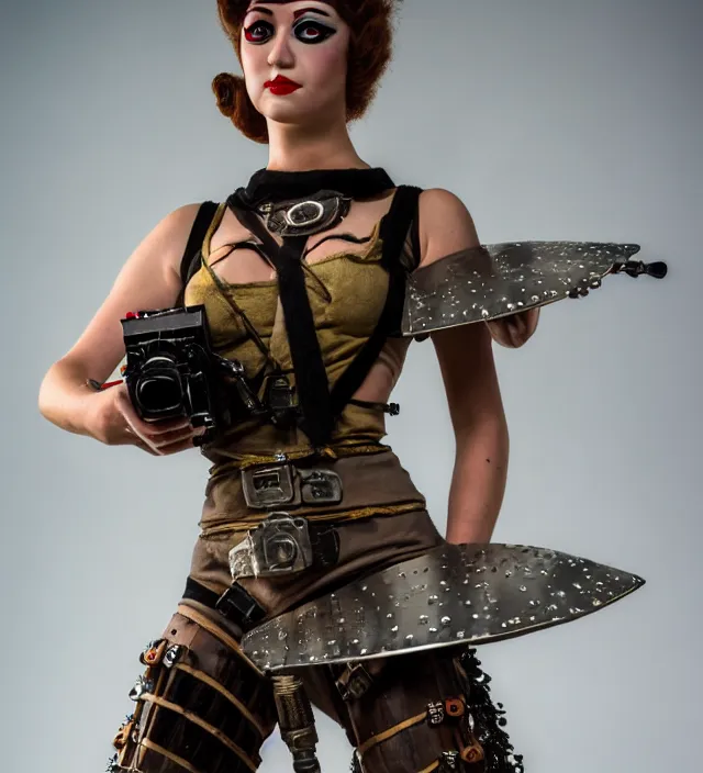 Image similar to full length photograph of a real - life very beautiful atompunk warrior. extremely detailed. dslr. 8 5 mm.