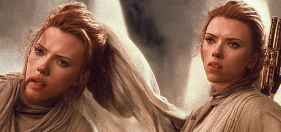 Prompt: a still of Scarlett Johansson as obiwan kenobi on tatooin in Star Wars (1977)