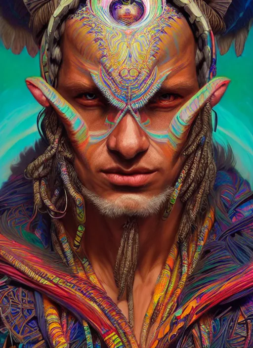 Image similar to hyper detailed ultra sharp of a wise tribal shaman trance man. trending on artstation, warpaint aesthetic, earthwave, colorful, psychedelic, ornate, intricate, digital painting, concept art, smooth, sharp focus, illustration, art by artgerm and greg rutkowski and alphonse mucha, 8 k