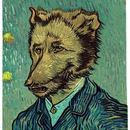 Image similar to communist retarded wolf, van gogh style