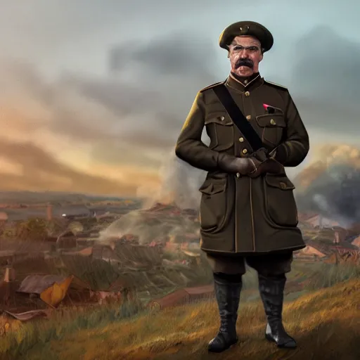 Prompt: fullbody of standing tom selleck, wearing short simple russian ww 1 clothes in black fur beanie with binoculars, russian villages at background, style ivan talavera and artgerm, radiant lighting, hyper realistic, photorealistic, octane render, trending on artstation, cgsociety, cinematic light, global illumination, high detailed tom selleck face