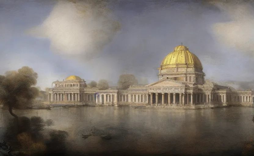 Prompt: Neoclassical building with dome in the middle lake, By Rembrandt and artstation trending