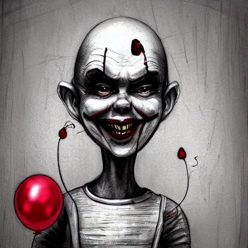 Image similar to surrealism grunge cartoon portrait sketch of the silent patient with a wide smile and a red balloon by - michael karcz, loony toons style, pennywise style, chucky style, horror theme, detailed, elegant, intricate