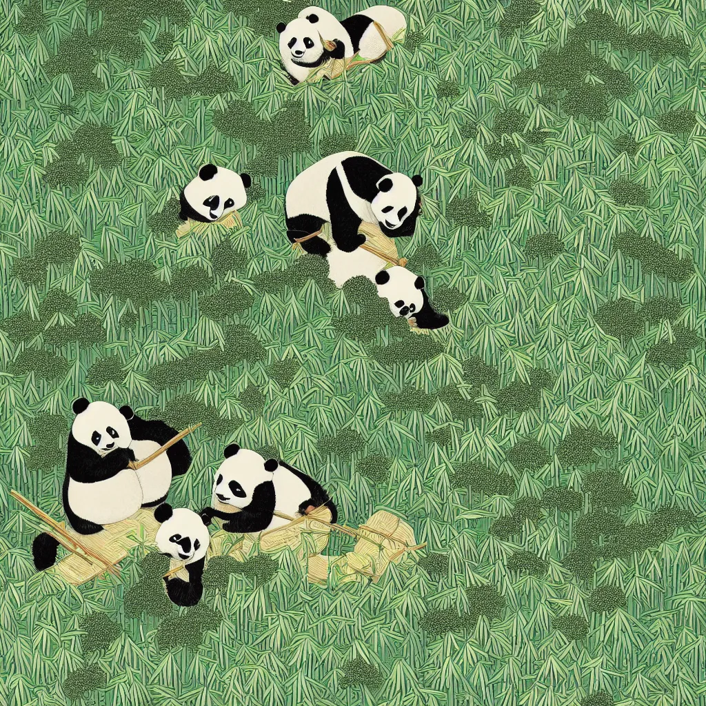 Image similar to isometric view illustration of a bamboo forest and panda eating bamboo, highly detailed mid day by victo ngai