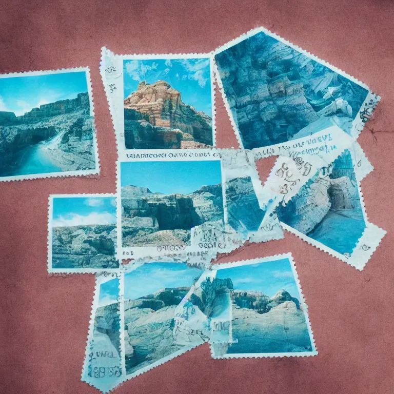 Image similar to stamps of a turquoise canyon, film, soft lighting, album art