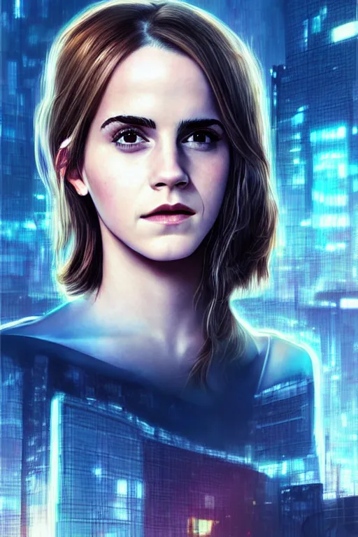 Image similar to Emma Watson, head and shoulders portrait, the background is a huge futuristic city, cyberpunk style futuristic neon lights, artstation cgsociety masterpiece highly-detailed