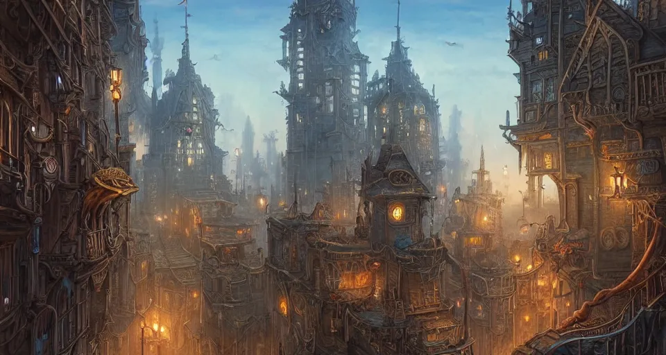 Prompt: landscape painting of fantasy metal steampunk city that has a light blue glow with walkways and lit windows and you can very clearly see a fine detailed hooded thieves in browns leathers climbing one of the tall buildings using a rope, fine details, magali villeneuve, artgerm, rutkowski