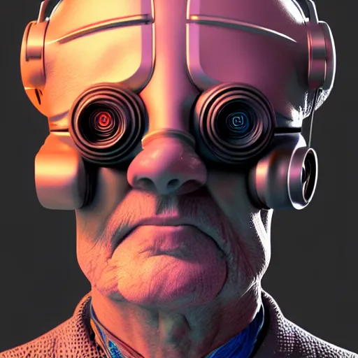 Image similar to Colour Photography of 1000 years old man with highly detailed 1000 years old face wearing higly detailed cyberpunk VR Headset designed by Josan Gonzalez . in style of Josan Gonzalez. Rendered in Blender