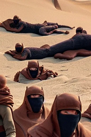 Prompt: A still from the movie dune (2021) of a cave made of bodies