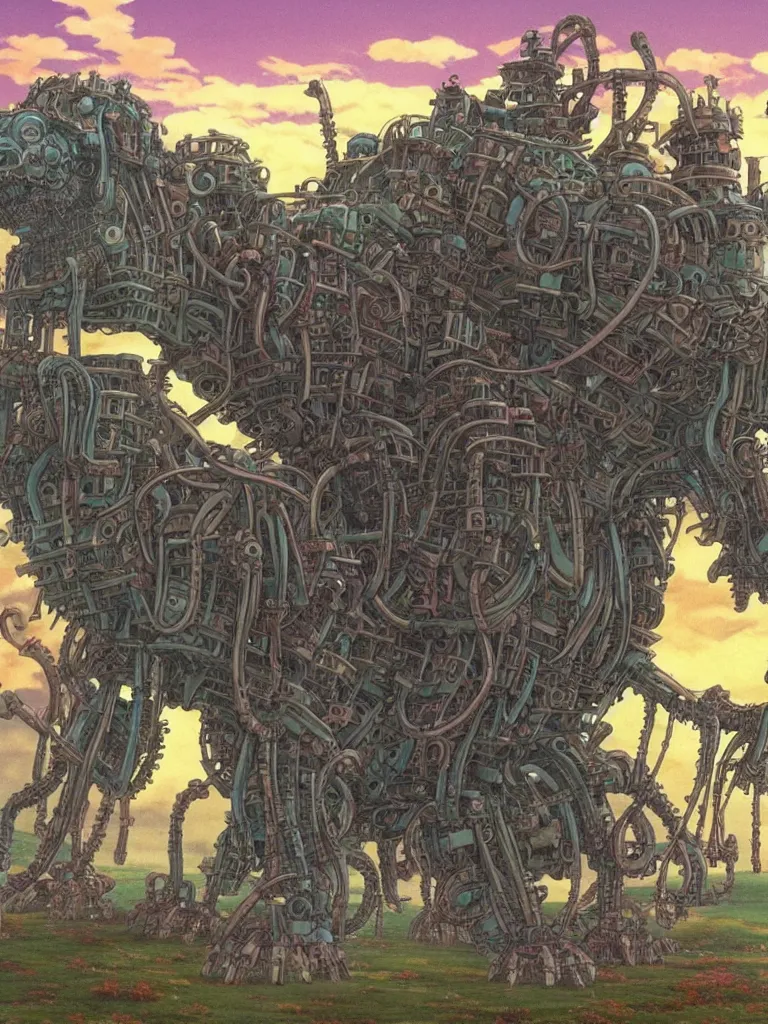 Image similar to A Lovecraftian giant mechanized mule from Studio Ghibli Howl's Moving Castle (2004) full body, 4k, highly detailed. award winning sci-fi. look at all that detail!